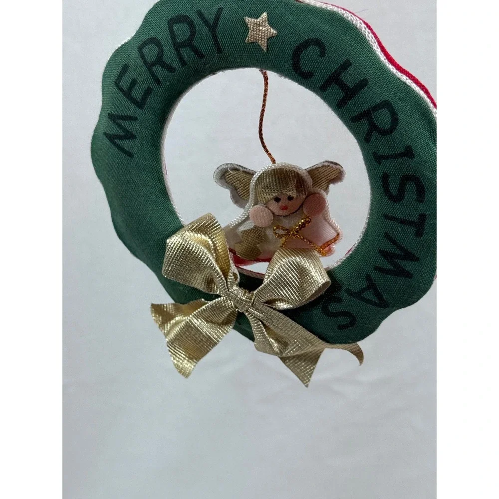Handmade Vintage Christmas Wreath Ornament Green Red Fabric Angel Gold Bow 3.5
